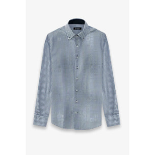 Camicia Uomo 2 Bottoni Button Down Slim Popeline Stampato Bianco/Bluette