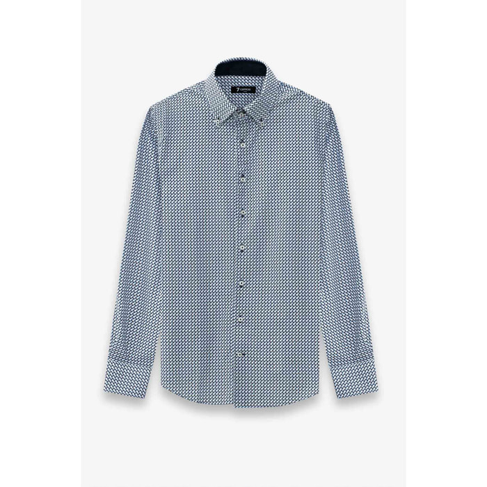 Camicia Uomo 2 Bottoni Button Down Slim Popeline Stampato Bianco/Bluette