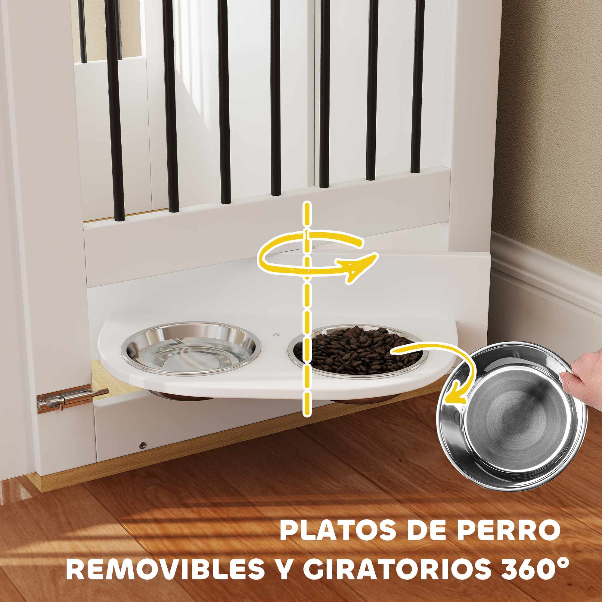 Jaula para Perros Medianos 2 en 1 Mesa Auxiliar con 2 Puertas con Pestillo Comedero Giratorio de 360° 2 Cuencos y Almohadillas Antideslizantes 80x55x71,5 cm Blanco