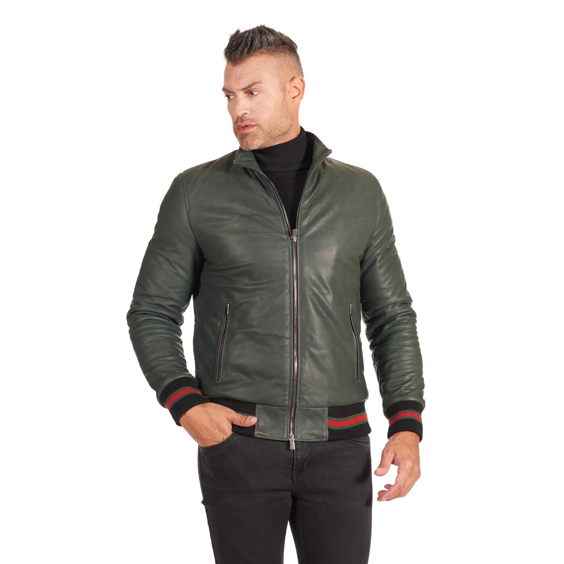 Giubbotto Bomber in pelle naturale verde effetto vintage