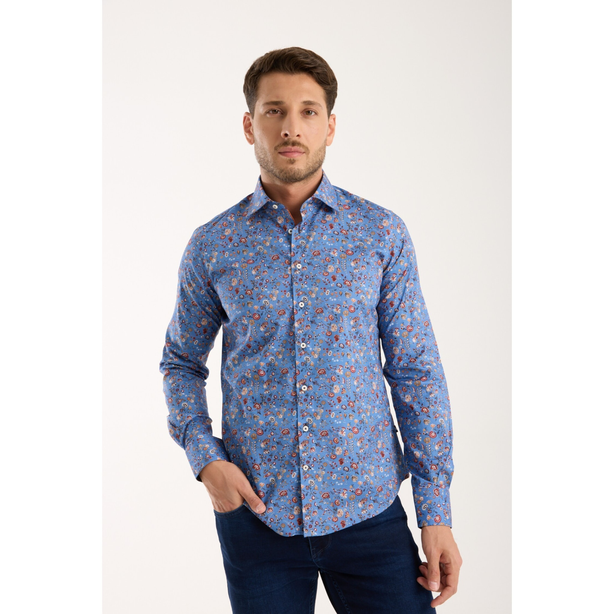 Camicia Uomo 1 Bottone Francese Slim Popeline Stretch Stampato Inchostro Mattone