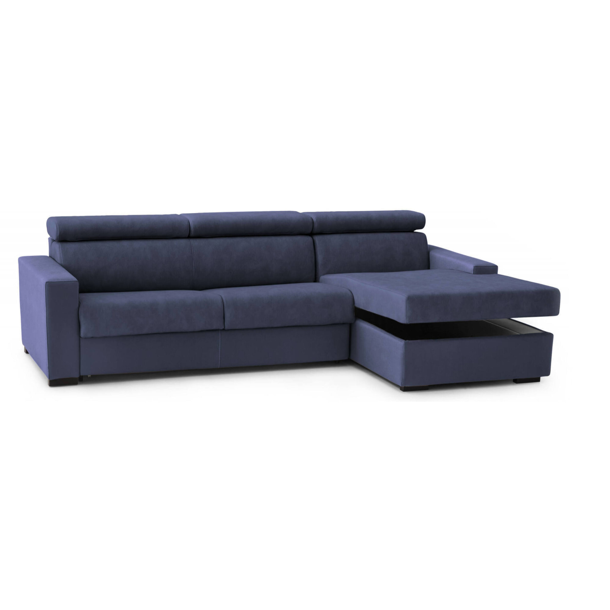 Divano fisso Mikaela, Divano ad angolo, 100% Made in Italy, Sofà Soggiorno con chaise longue, in tessuto imbottito - Penisola contenitore Destra, con Braccioli slim, Cm 260x95h85, Blu