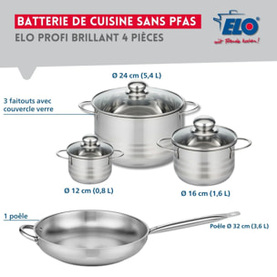 Ensemble de 1 Poêle de cuisson 32 cm et 3 faitouts 12, 16 et 24 cm Elo Profi Brillant