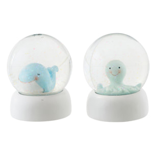 J-Line Boule de Neige Baleine + Pieuvre - polyrésine - bleu clair/vert clair - large - 2 pièces