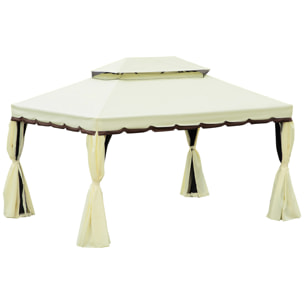 Cenador de Jardín de Aluminio 4x3 m Gazebo Pabellón con Techo de Ventilación 4 Cortinas Laterales 4 Mosquiteras y 8 Orificios de Drenaje para Fiestas Eventos Bodas Crema