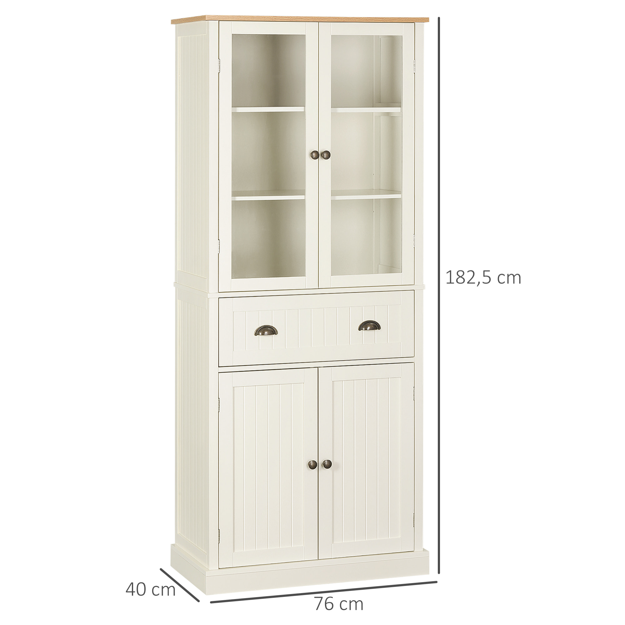 Armoire de cuisine buffet haut 4 portes grand tiroir coulissant dim. 76L x 40l x 182H cm panneaux crème verre