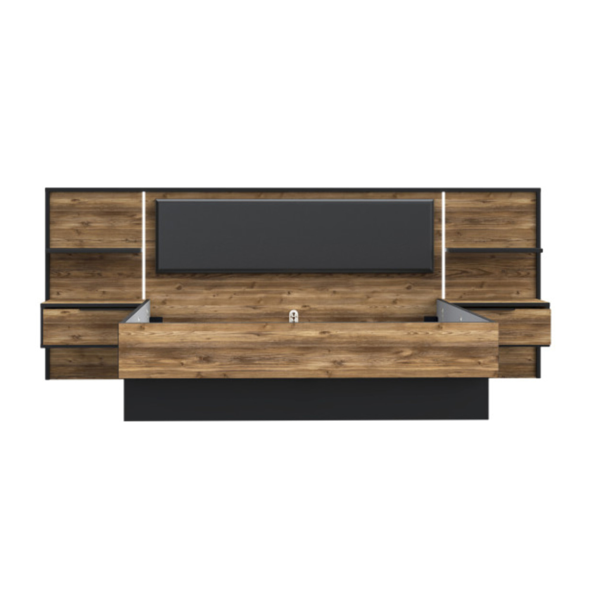 Lit 160x200 cm tête de lit et chevet décor épicéa et noir - YAL