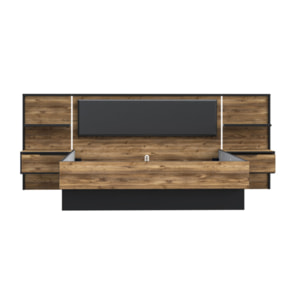 Lit 160x200 cm tête de lit et chevet décor épicéa et noir - YAL