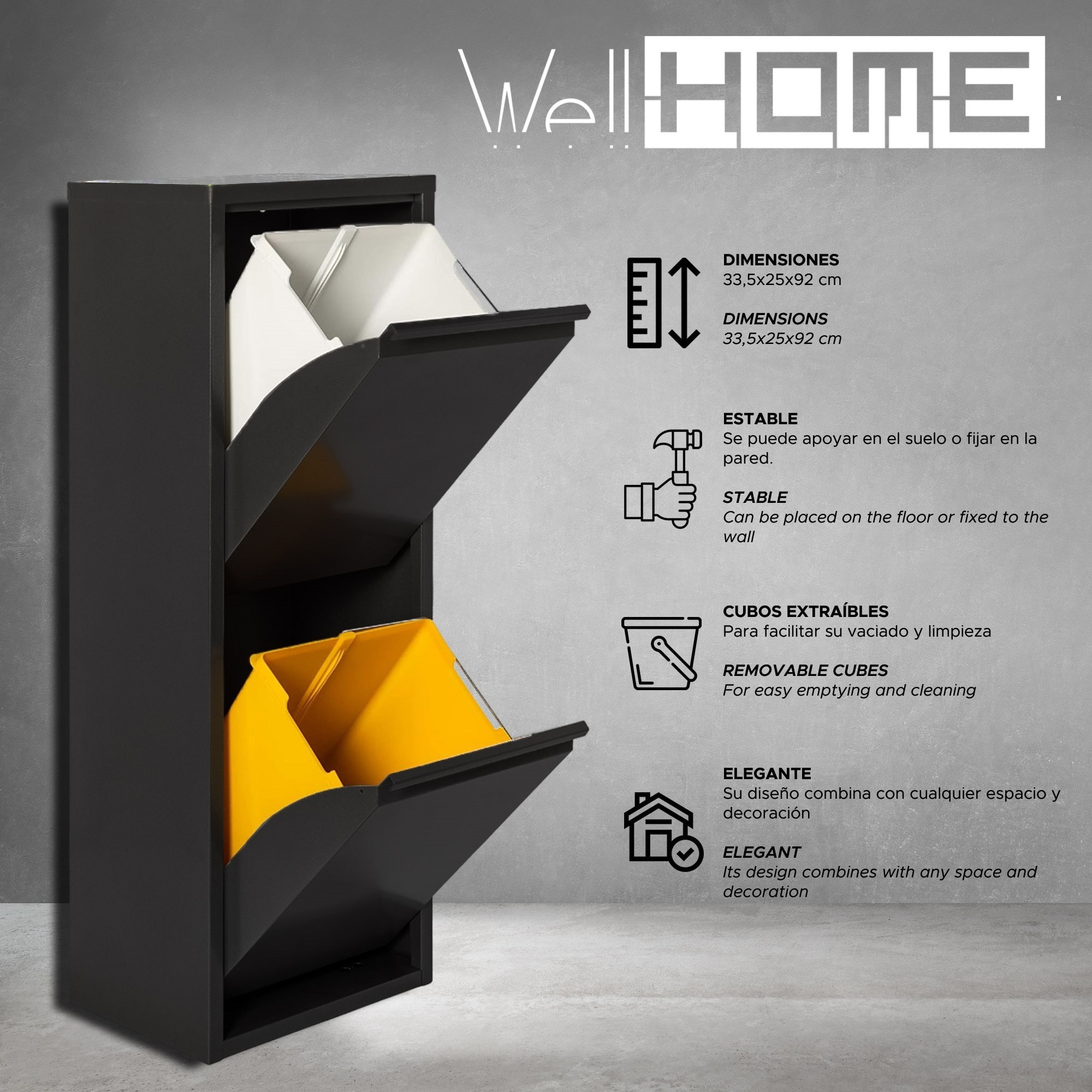 Well home - cubo de basura y reciclaje metálico de 2 compartimentos, 2x17l (34l) negro mate