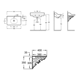 Pack plan vasque suspendu Cléo 1889 + colonne droite + miroir + siphon or