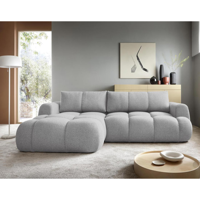 Yulin - Canapé d'angle gauche 4 places convertible avec coffre en tissu bouclette - Gris clair