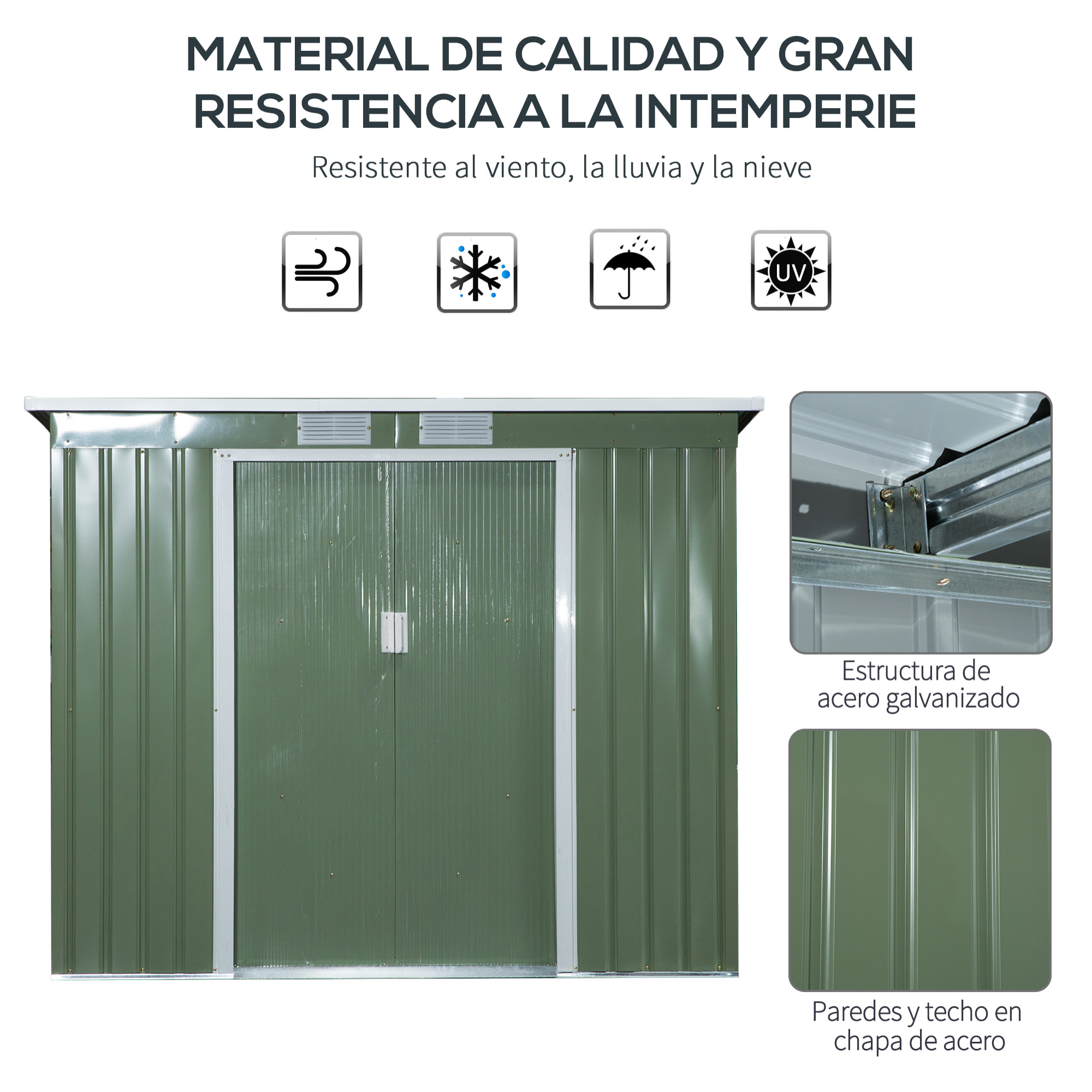 Cobertizo de Jardín 213x130x172 cm Base de 2,1 m² Caseta de Exterior Metálica para Almacenamiento de Herramientas con 2 Puertas Correderas y 2 Ventanas Verde