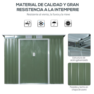 Cobertizo de Jardín 213x130x172 cm Base de 2,1 m² Caseta de Exterior Metálica para Almacenamiento de Herramientas con 2 Puertas Correderas y 2 Ventanas Verde