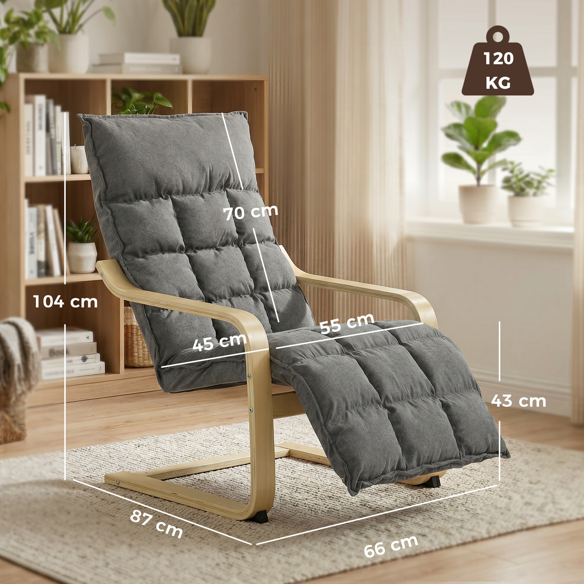 Sillón de Salón con Reposapiés, Butaca de Salón Tapizada en Lino con Balanceo Suave, Respaldo Alto, Asiento Amplio, Sillón de Relax para Dormitorio, Oficina, Estudio, Gris