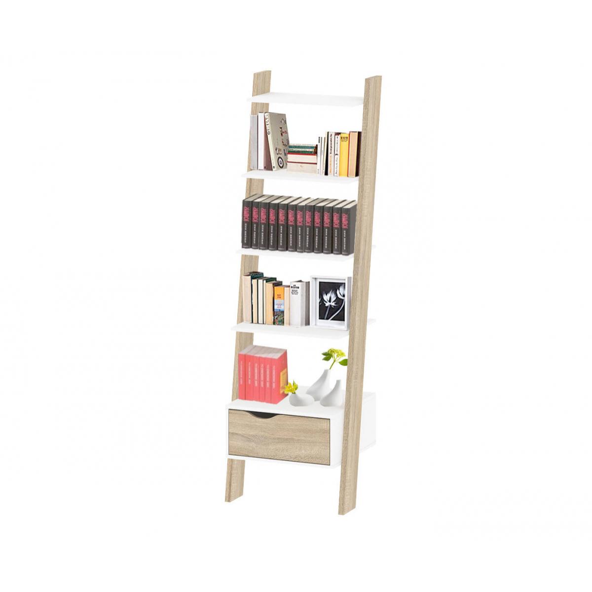 Libreria con un cassetto e quattro ripiani, colore bianco e rovere, cm 55 x 180 x 48.