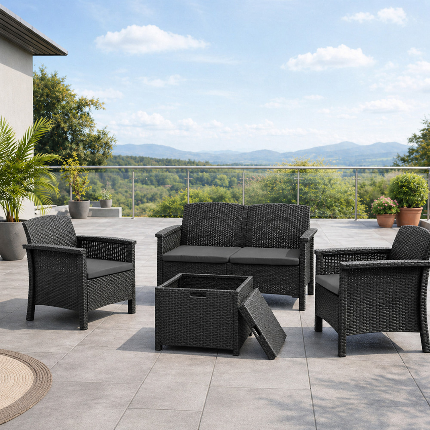 Salon de jardin 4 places effet résine tressée gris anthracite avec table basse MENIA