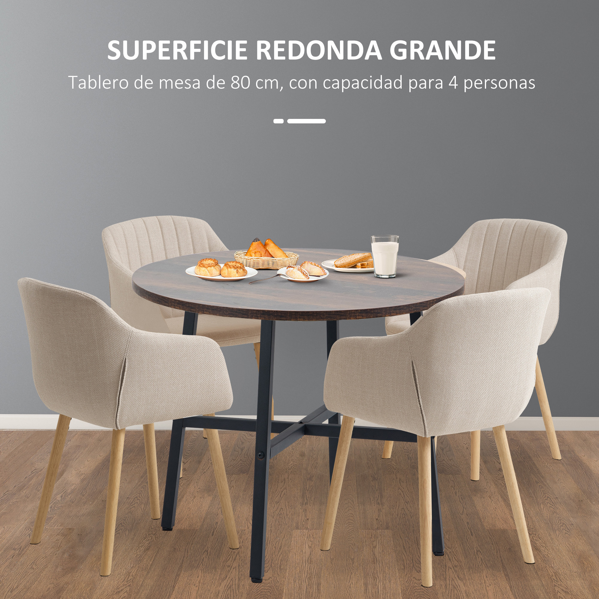 Mesa de Comedor Redonda para 4 Personas Mesa de Cocina con Patas de Acero para Salón Oficina Ø80x76 cm Marrón Rústico y Negro