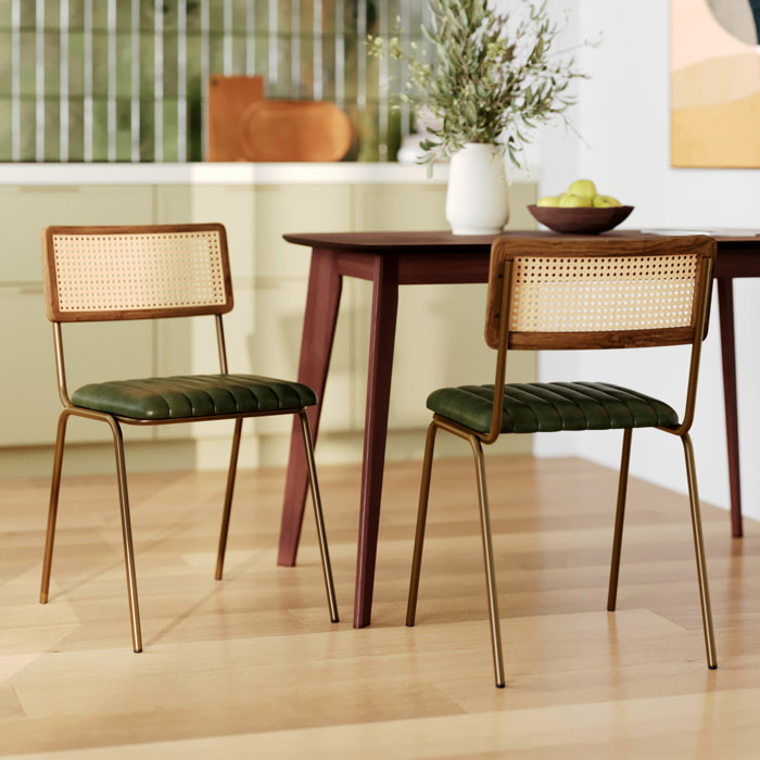 Lot de 2 chaises en cannage et cuir vert - Arsène