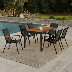 Ensemble repas extensible Timbia 12 places noir et verre trempé effet bois