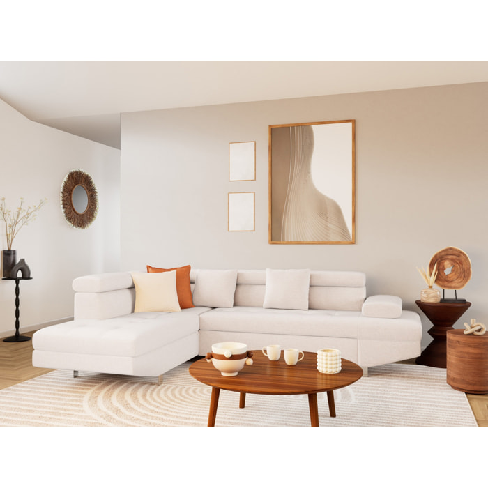 Margaux - Canapé d'angle gauche 5 places convertible avec coffre et têtières réglables en velours texturé - Beige