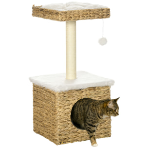 Arbre à chat style cosy chic griffoir sisal niche plateforme d'observation boule jacinthe d'eau peluche aspect fourrure