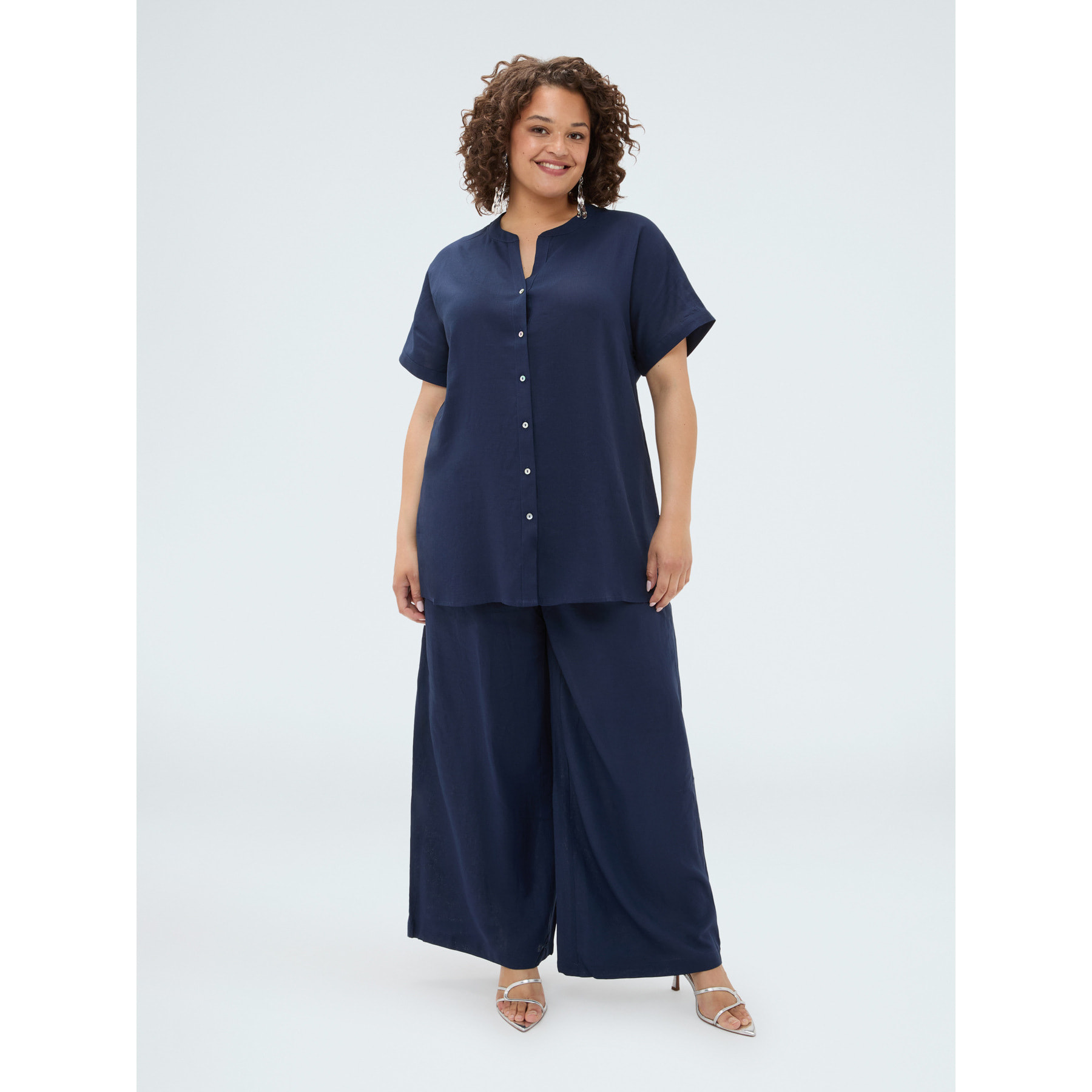 Fiorella Rubino - Camicia collo coreana in misto lino - Blu