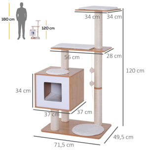 Árbol Rascador para Gatos de Madera 71,5x49,5x120 cm con Cueva y Postes de Sisal