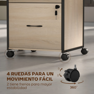Cajonera de Oficina con 2 Cajones, Cajonera de Escritorio con Ruedas, Barra Colgante, Cerradura y 2 Llaves para A4 Carta, Archivador Móvil para Estudio, 44x40x66,5 cm, Natural