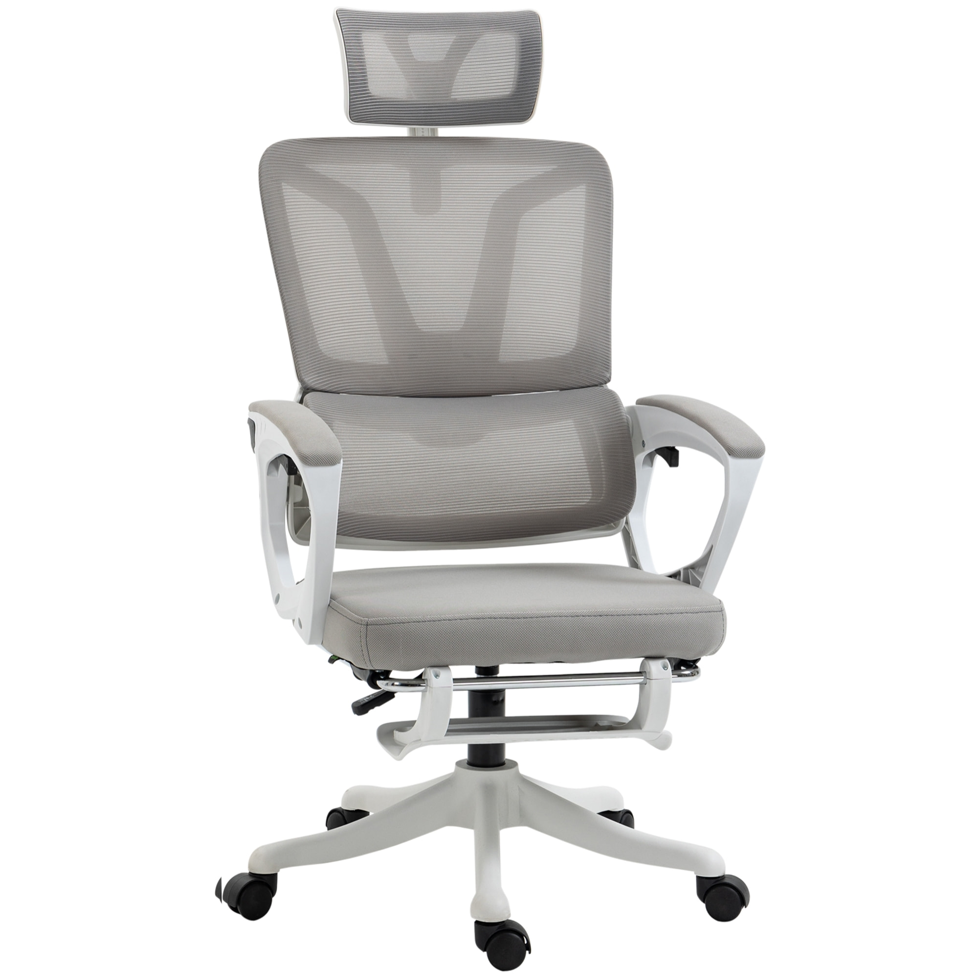 Fauteuil de bureau ergonomique inclinable réglable - repose-pied rétractable, support lombaires, tétière ajustable - blanc gris