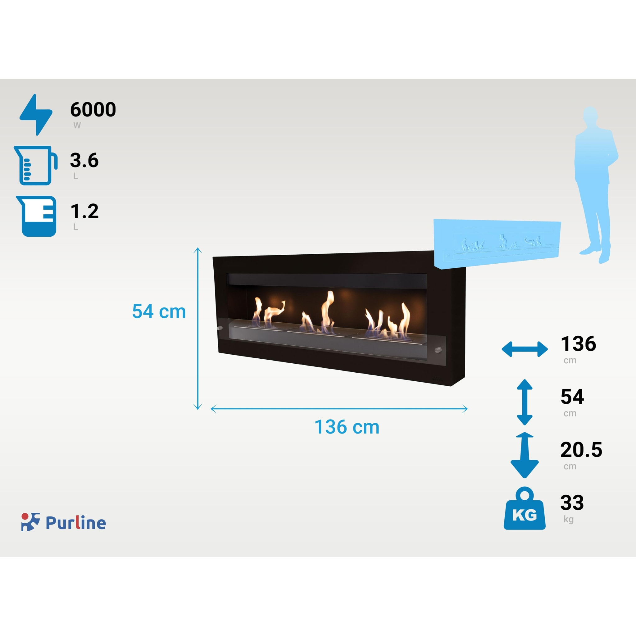 Chimenea de etanol mural extra grande en acero y cristal templado MELIBEA B PURLINE 6000 W