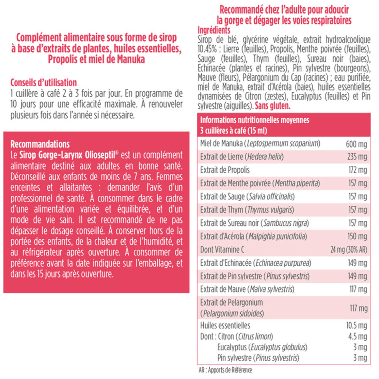 OLIOSEPTIL - Sirop Gorge-Larynx - Association d'extraits et d'huile essentielles de plantes - Apaise les voies respiratoires - Aide à lutter contre les refroidissements - Lot de 2