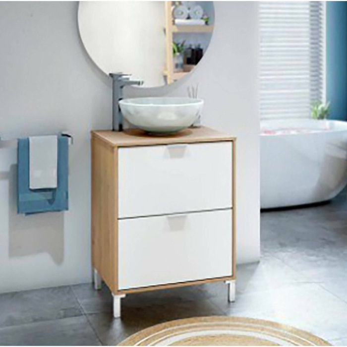 Mobile sottolavabo Lisbona, Mobiletto da bagno, Contenitore porta lavabo, Armadio per lavandino, 61x46 h79 cm, Rovere Nodi e Bianco lucido