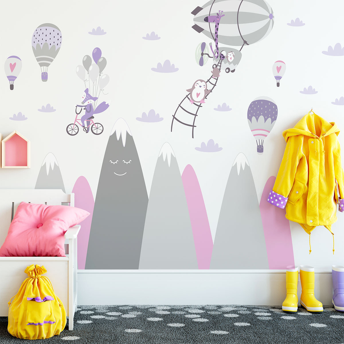 Stickers muraux enfants - Décoration chambre bébé - Autocollant Sticker mural géant enfant montagnes scandinaves ANIMAUX VAGABONDS