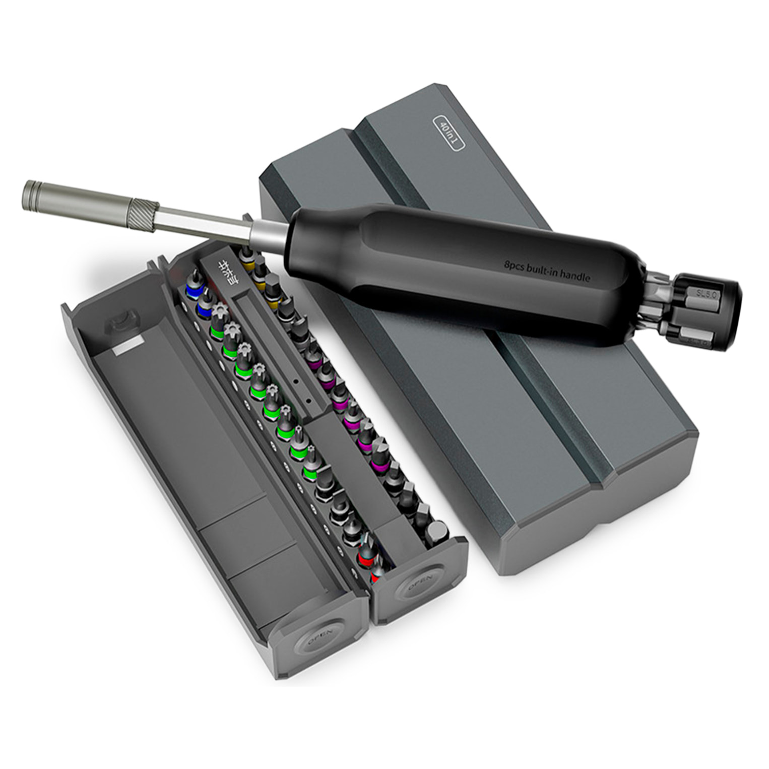 Destornillador multifunción 40 en 1 con carcasa de aluminio y compartimento para 8 puntas favoritas.