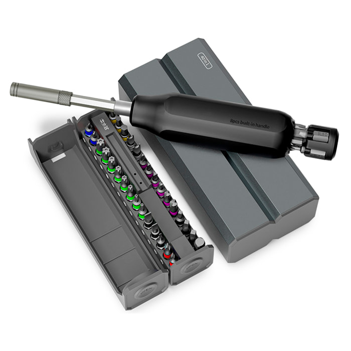 Destornillador multifunción 40 en 1 con carcasa de aluminio y compartimento para 8 puntas favoritas.