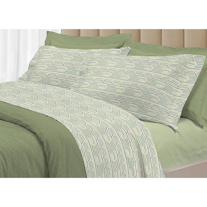Completo Lenzuola Linea 3027 In Percalle Fantasia Geometrico Disegno Henry Verde