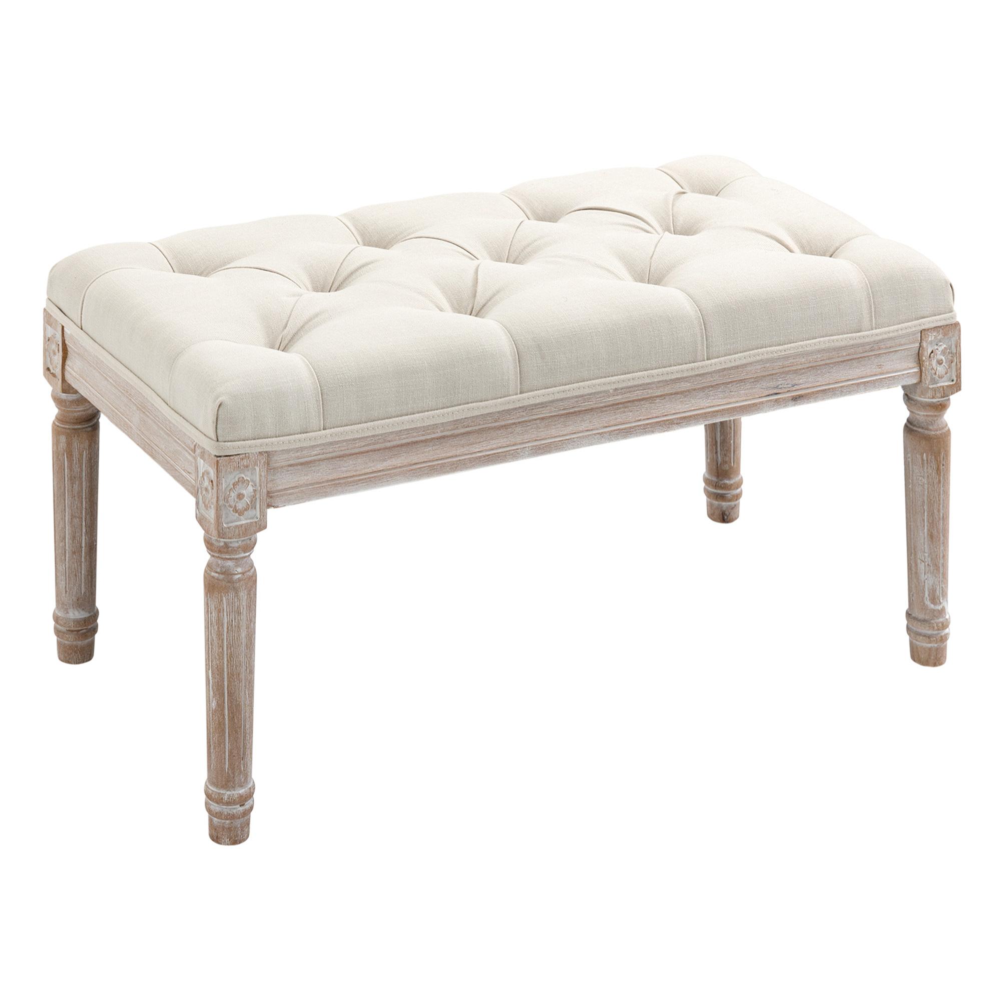 Taburete para Pie de Cama Tapizado en Tela con Asiento Acolchado y Patas de Madera Banqueta de Estilo Vintage para Dormitorio Recibidor Salón 80x40x43 cm Beige