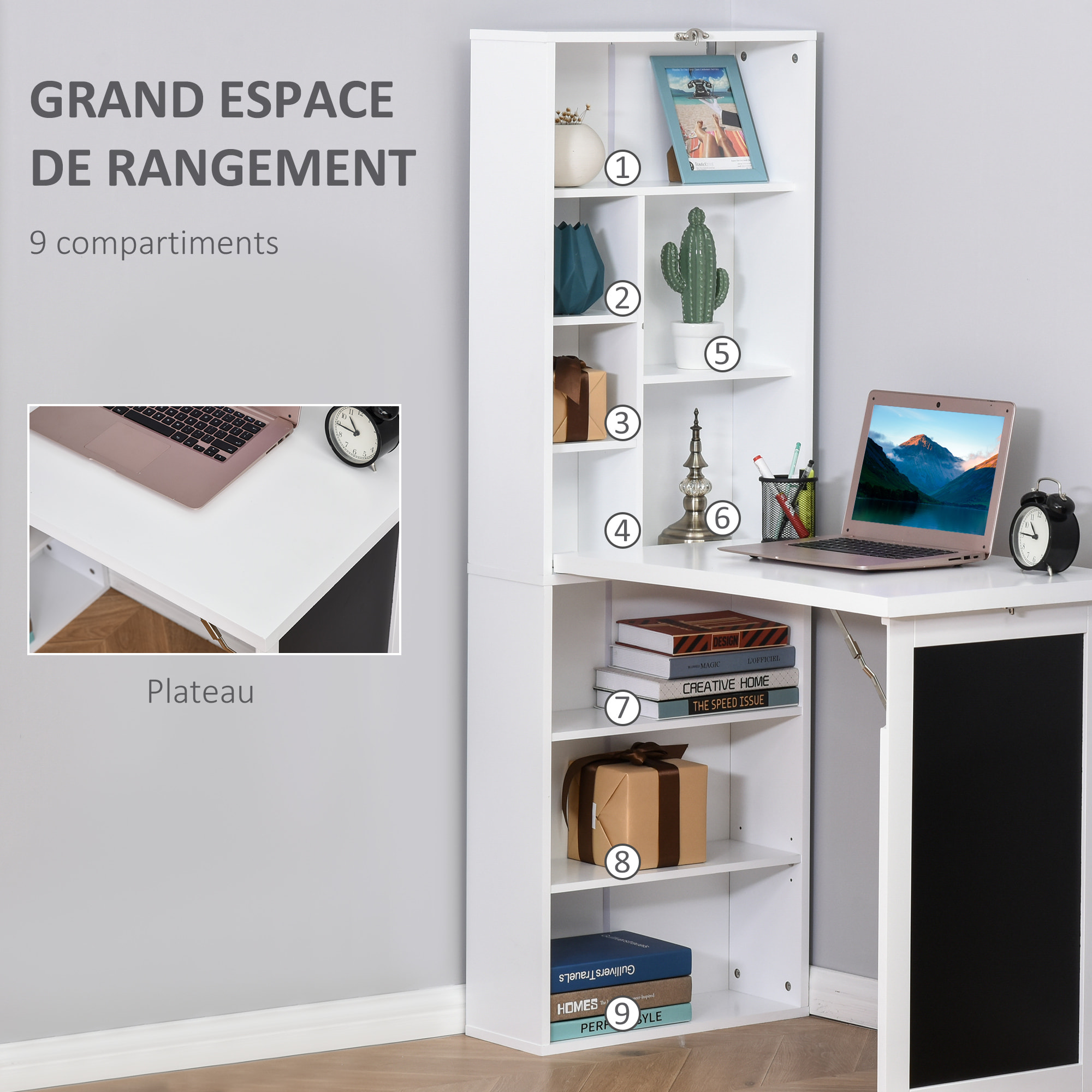 Bureau mural pliable table murale rabattable suspendue sur pied avec bibliothèque tableau à craie intégré panneaux particules blanc