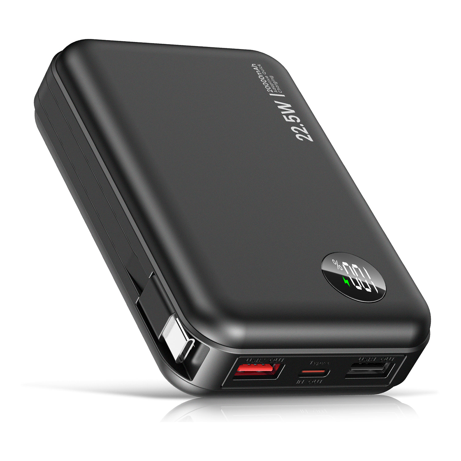 Powerbank 20.000mAh con carga rápida PD22,5W, cable USB-C integrado. Pantalla led de carga.