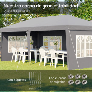 Carpa Plegable 6x3 m, Pop-up, con 4 Laterales Desmontables, Cenador de Jardín con 4 Ventanas Visibles y Bolsa de Transporte, Impermeable, Anti-UV, Gazebo para Camping, Fiestas, Exterior Gris