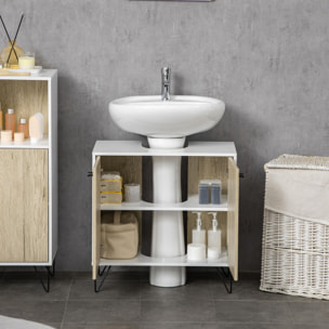 Mueble para Debajo del Lavabo de Madera Armario Bajo Lavabo Armario de Baño de Suelo con 2 Puertas Estante y Patas de Acero 60x30x60 cm Roble y Blanco