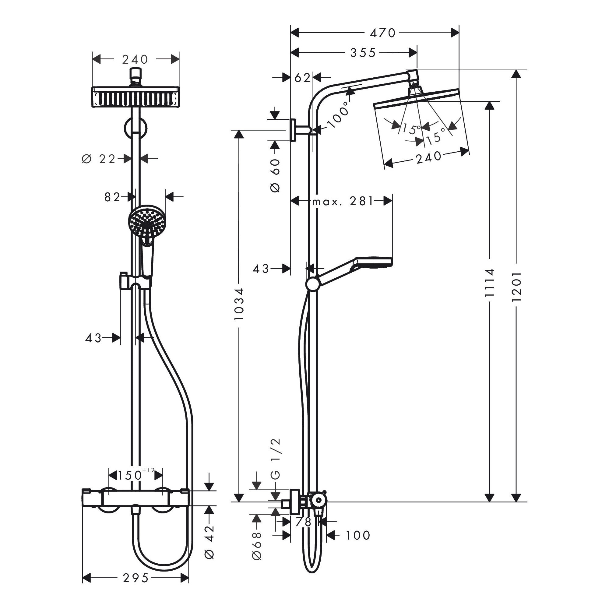 Colonne de douche Crometta E 240 avec mitigeur thermostatique