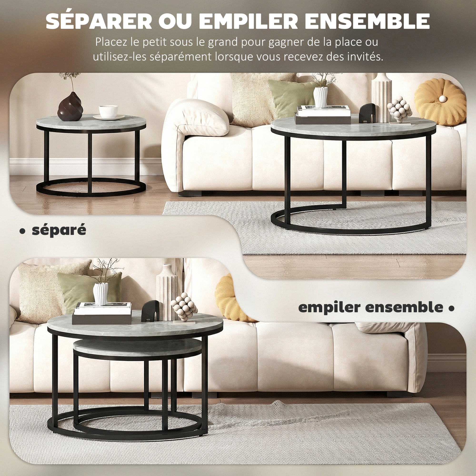 Tables gigognes rondes lot de 2 métal effet marbre gris