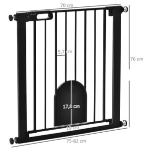 Barrière de sécurité animaux de 76H cm barrière chien chat avec porte fermeture automatique système de double verrouillage fixation par pressionde de 75 à 82 cm acier et ABS noir