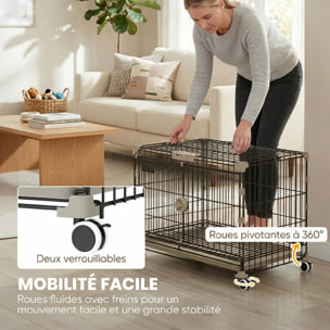 Cage pour Chien Pliable, Plateau Amovible, Roues avec Freins, Toit Ouvrant Verrouillable, Porte de Nourrissage, Niche Chien Interieur pour Petits et Moyens Chiens, 60,5x45,5x54,5cm, Noir