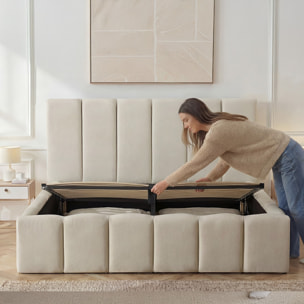 Lit Coffre Madeleine en tissu Beige, Grand espace de Rangement, Tête de lit rembourrée, Lattes actives, Vérins Hydrauliques, Design Élégant