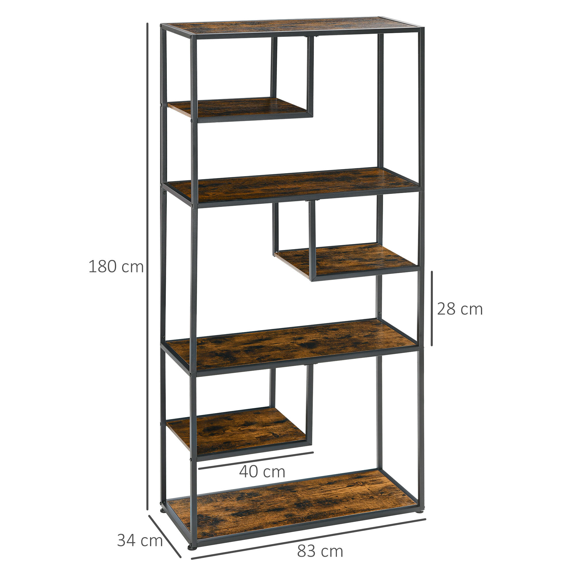 Bibliothèque étagère de rangement à 7 niveaux style industriel acier bois vieilli