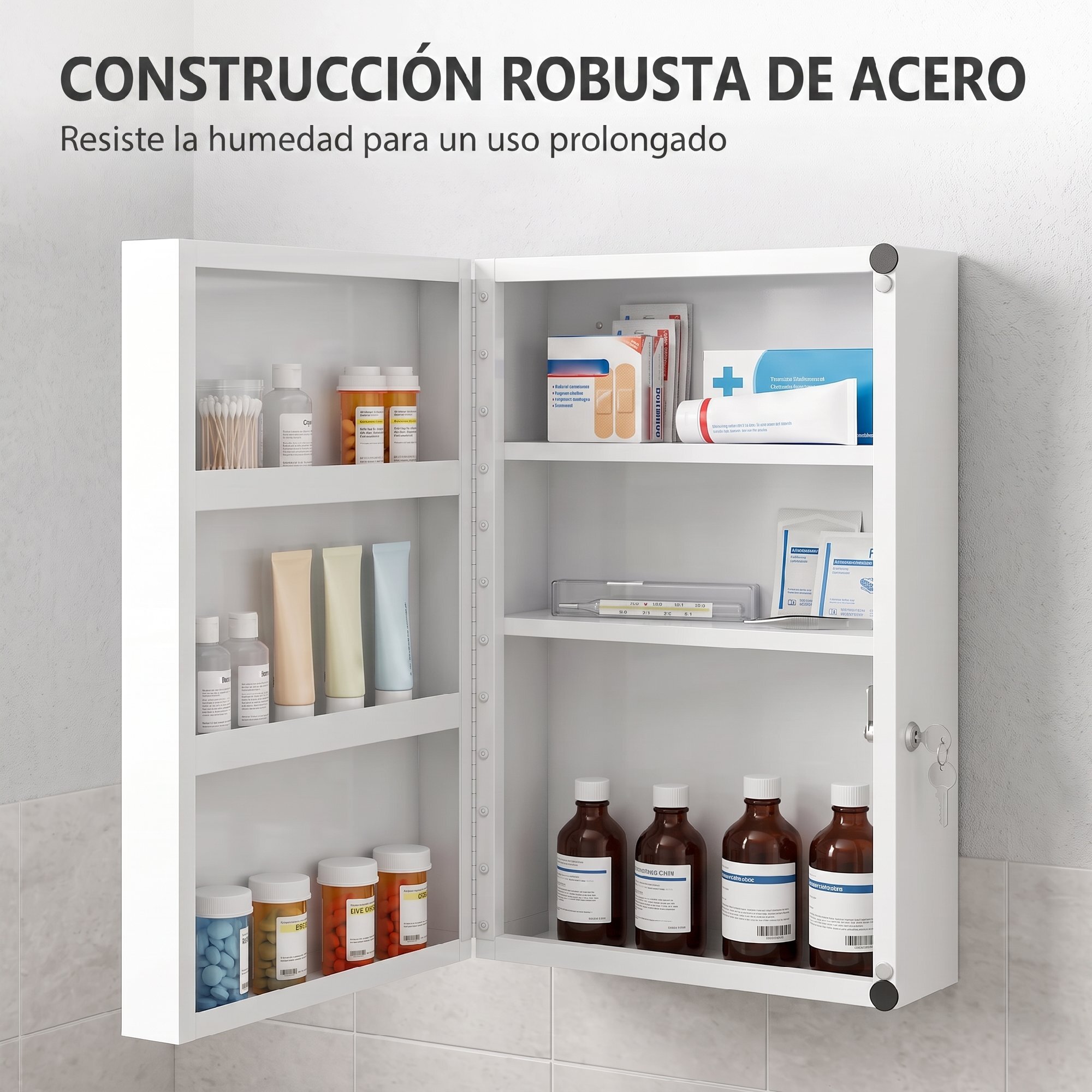 Botiquín de Pared de Primeros Auxilios, Botiquín de Medicinas con 6 Compartimentos, Cerradura y 2 Llaves, para Baño, Cocina, Recibidor, 40x18x60 cm, Blanco