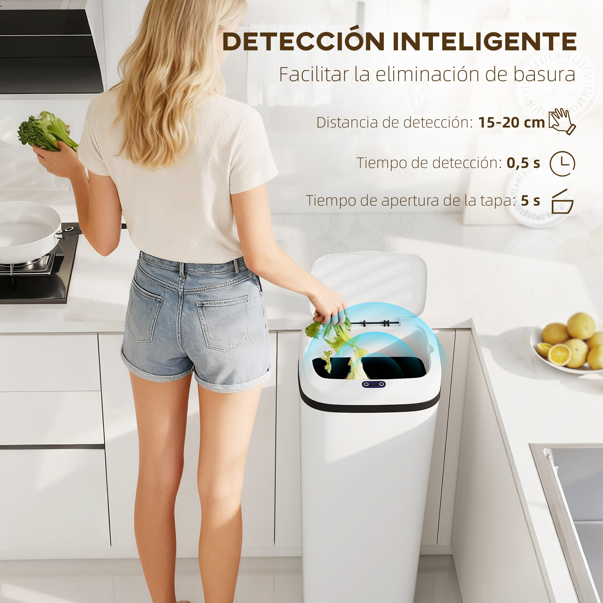 Cubo de Basura Cocina Automático 50 L, Papelera de Cocina Estrecha de Acero Inoxidable con Sensor Infrarrojo y Modo Manual, Anillo de Retención, Antihuellas, para Oficina, Hogar, Blanco