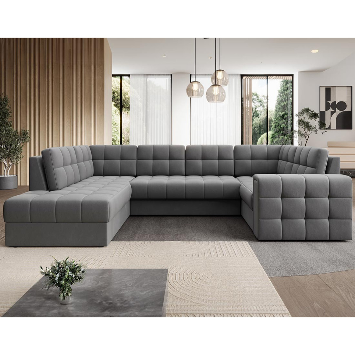 Nappa - Canapé panoramique d'angle droit 7 places convertible avec coffre en velours - Gris clair